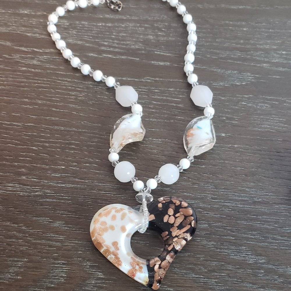 Black and White with Copper Flakes Heart Art Glass Necklace